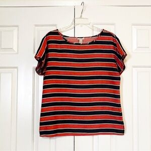 J.Crew 100% Silk Striped Short Sleeve Top – Orange, White & Navy – Size 6